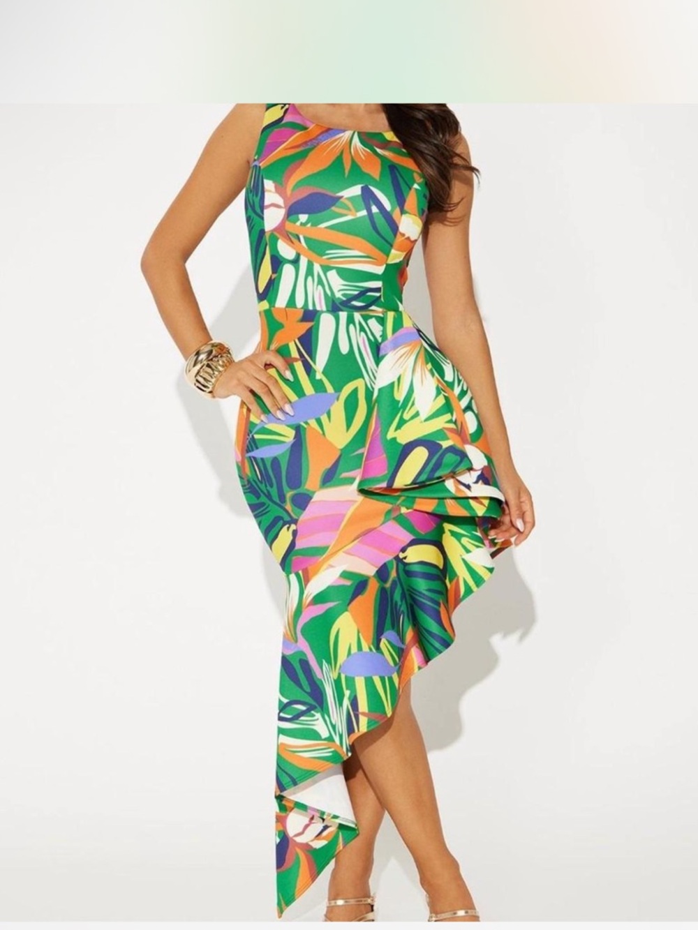 Fashion Nova Green Tropical High-Low Dress with Multicolor Print